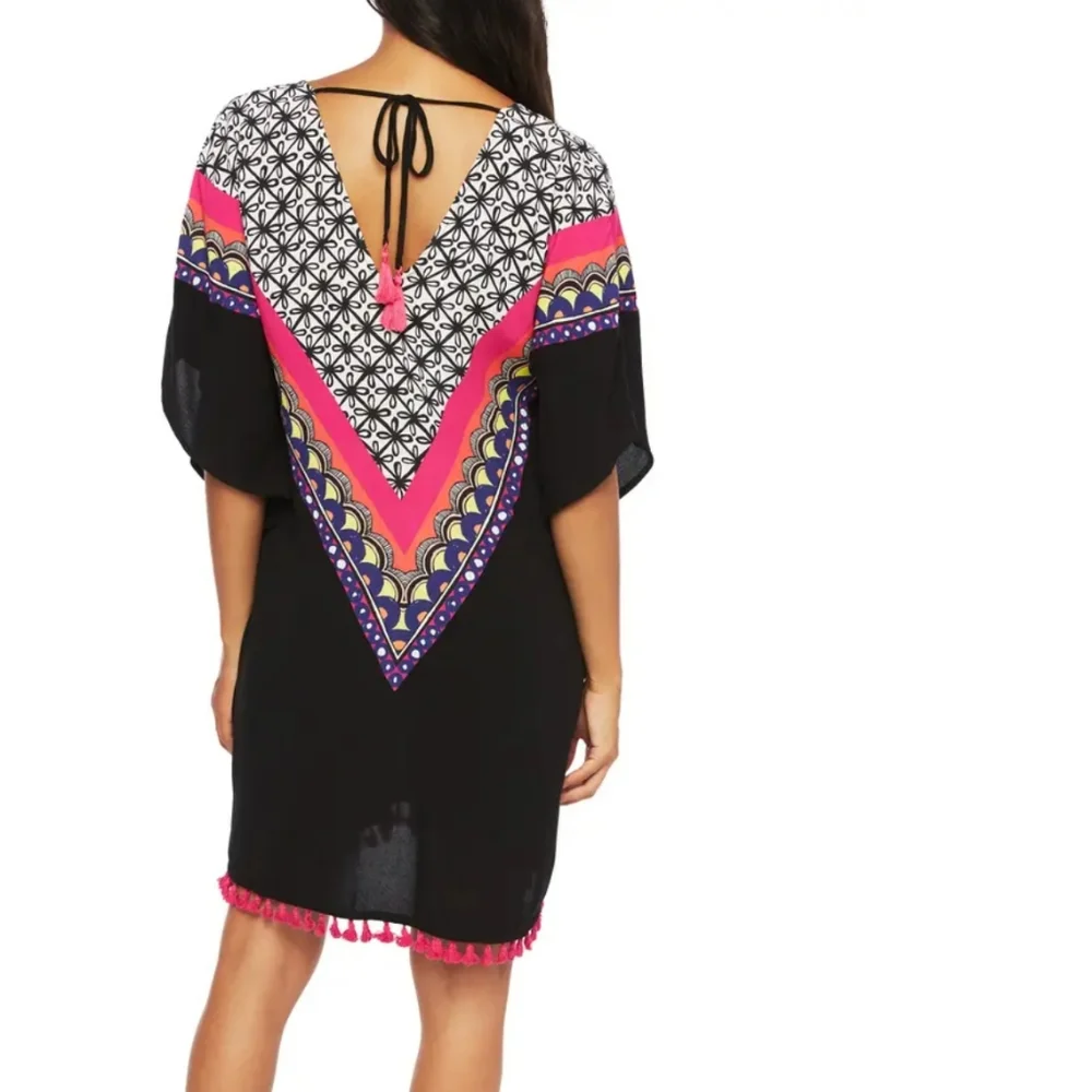 Trina Turk Black Swim Coverup with Pink and White Chevron Print